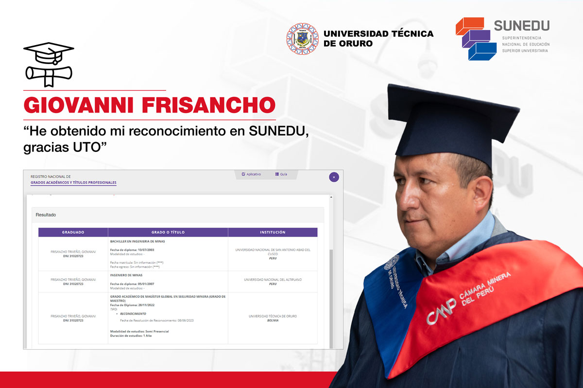 Magíster Giovanni Frisancho: “He obtenido mi reconocimiento en SUNEDU, gracias UTO”