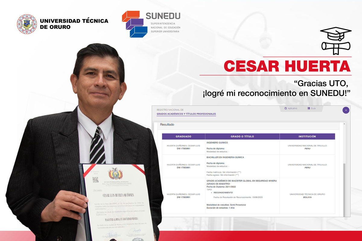 ¡Logré mi reconocimiento en SUNEDU! Gracias, UTO - Mg. Cesar Huerta, de Perú